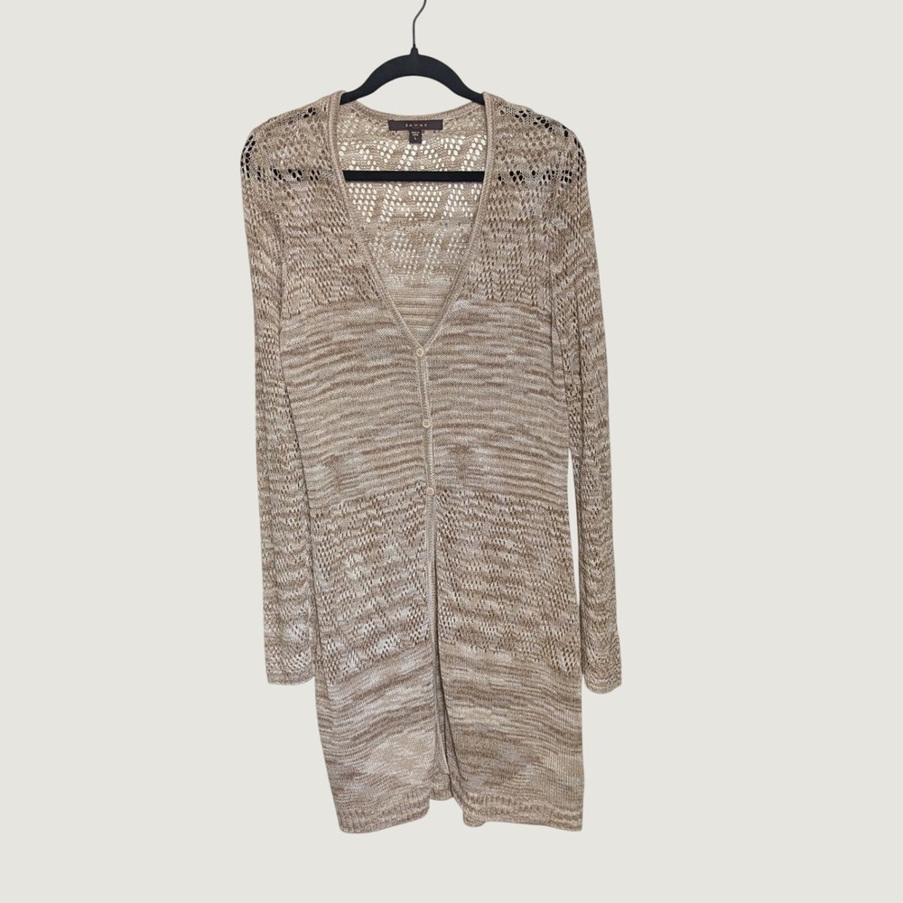 Fever Tan Cream Space Dye Boho Open Knit Longline Button Front Cardigan Large